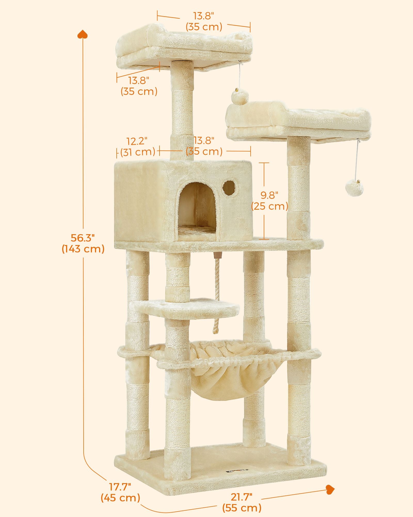 Cat Tree – Plush – Light Grey – Stable with Cat Cave, 143 cm