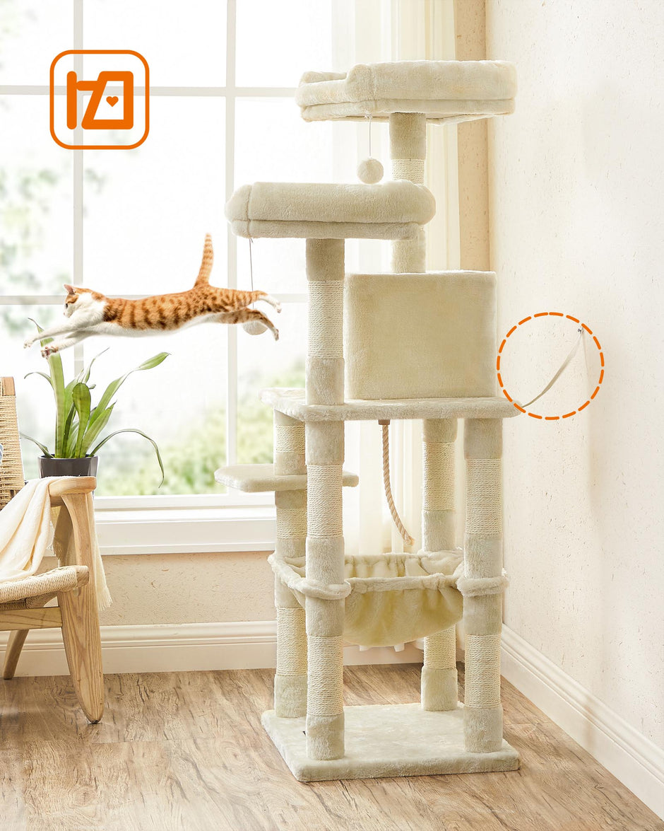 Cat Tree – Plush – Light Grey – Stable with Cat Cave, 143 cm