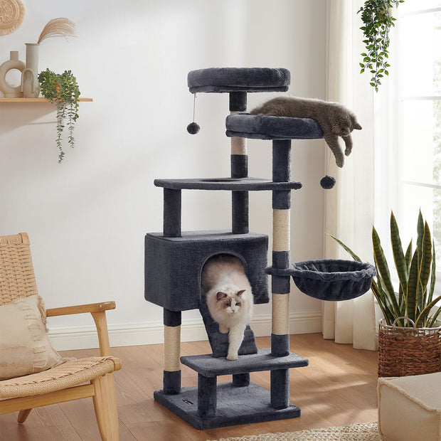 Cat Tree Tower – Wood and Plush – Light Grey – Multi-Level Activity Centre