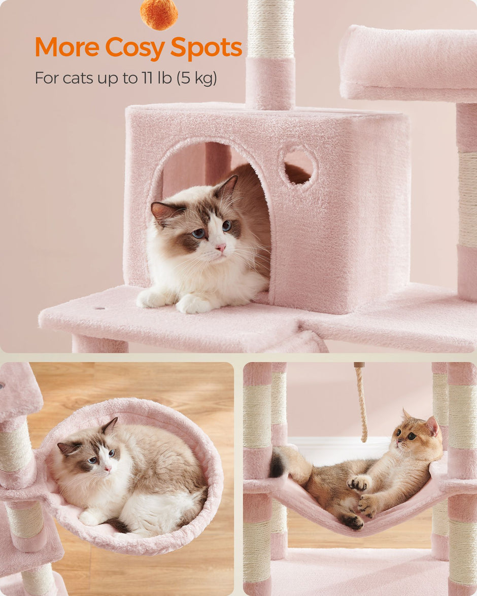 Large Multi-Level Cat Tree – Wood – Jelly Pink – 13 Scratching Posts