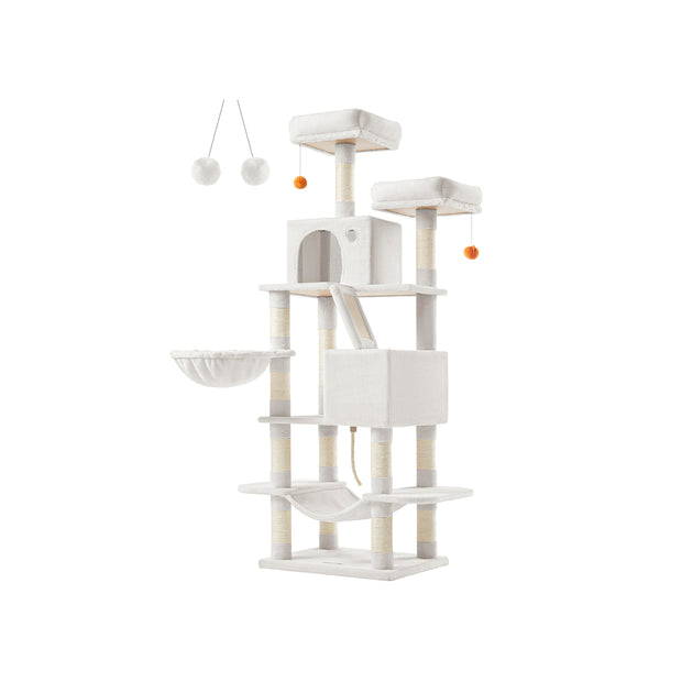 Cat Tree – Engineered Wood – Cream White – 168 cm Tall with 13 Scratching Posts