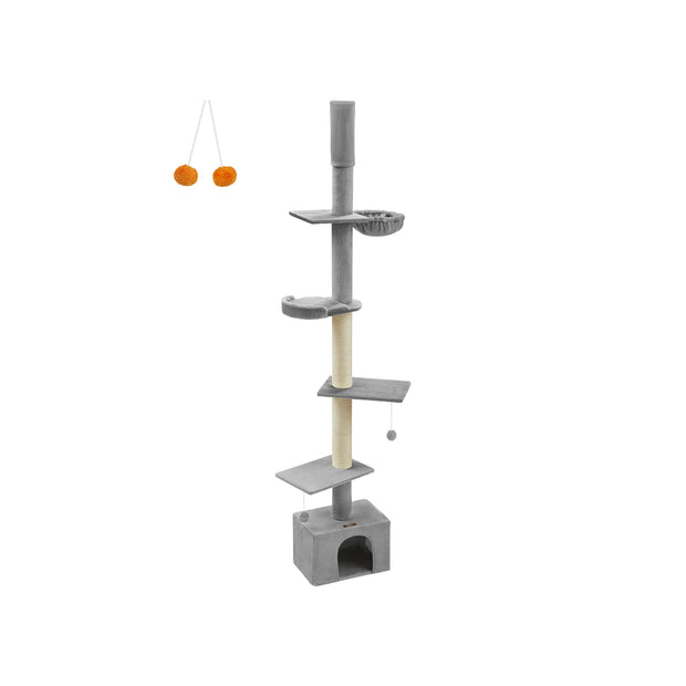 Floor to Ceiling Cat Tree – Engineered Wood – Beige – Height Adjustable with Multi-Level Design and Integrated Scratching Posts, Cave, Hammock, and Perch