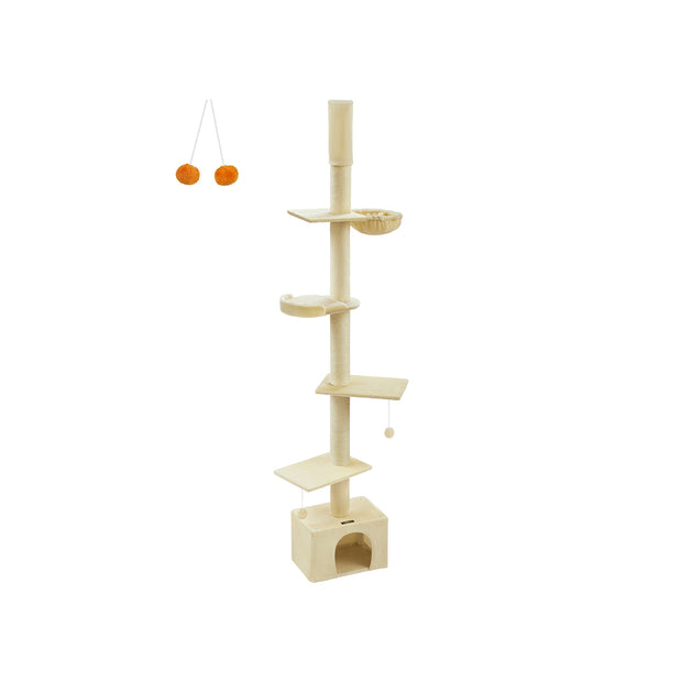 Floor to Ceiling Cat Tree – Engineered Wood – Beige – Height Adjustable with Multi-Level Design and Integrated Scratching Posts, Cave, Hammock, and Perch