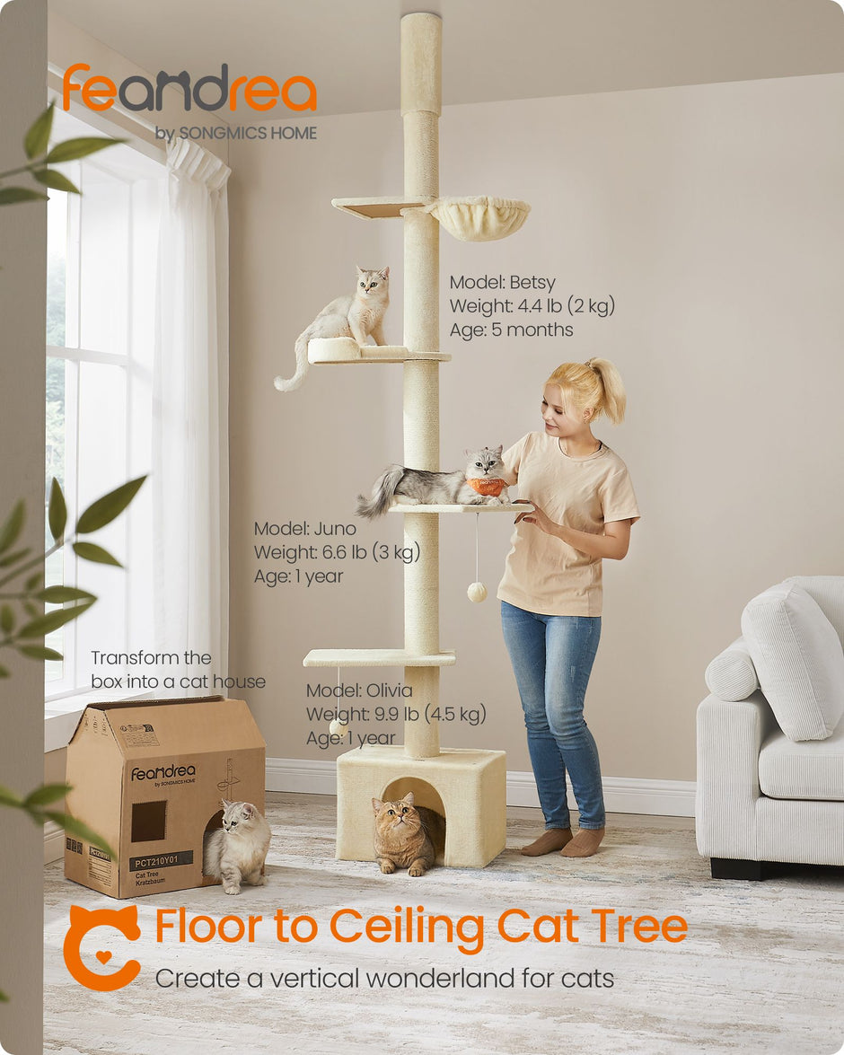 Floor to Ceiling Cat Tree – Engineered Wood – Beige – Height Adjustable with Multi-Level Design and Integrated Scratching Posts, Cave, Hammock, and Perch