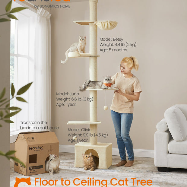 Floor to Ceiling Cat Tree – Engineered Wood – Beige – Height Adjustable with Multi-Level Design and Integrated Scratching Posts, Cave, Hammock, and Perch