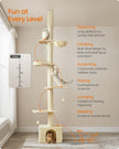 Floor to Ceiling Cat Tree – Engineered Wood – Beige – Height Adjustable with Multi-Level Design and Integrated Scratching Posts, Cave, Hammock, and Perch