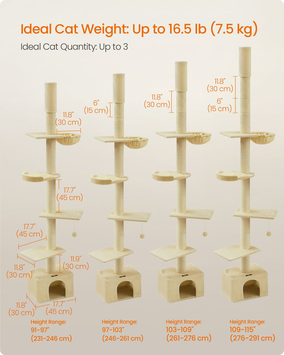 Floor to Ceiling Cat Tree – Engineered Wood – Beige – Height Adjustable with Multi-Level Design and Integrated Scratching Posts, Cave, Hammock, and Perch