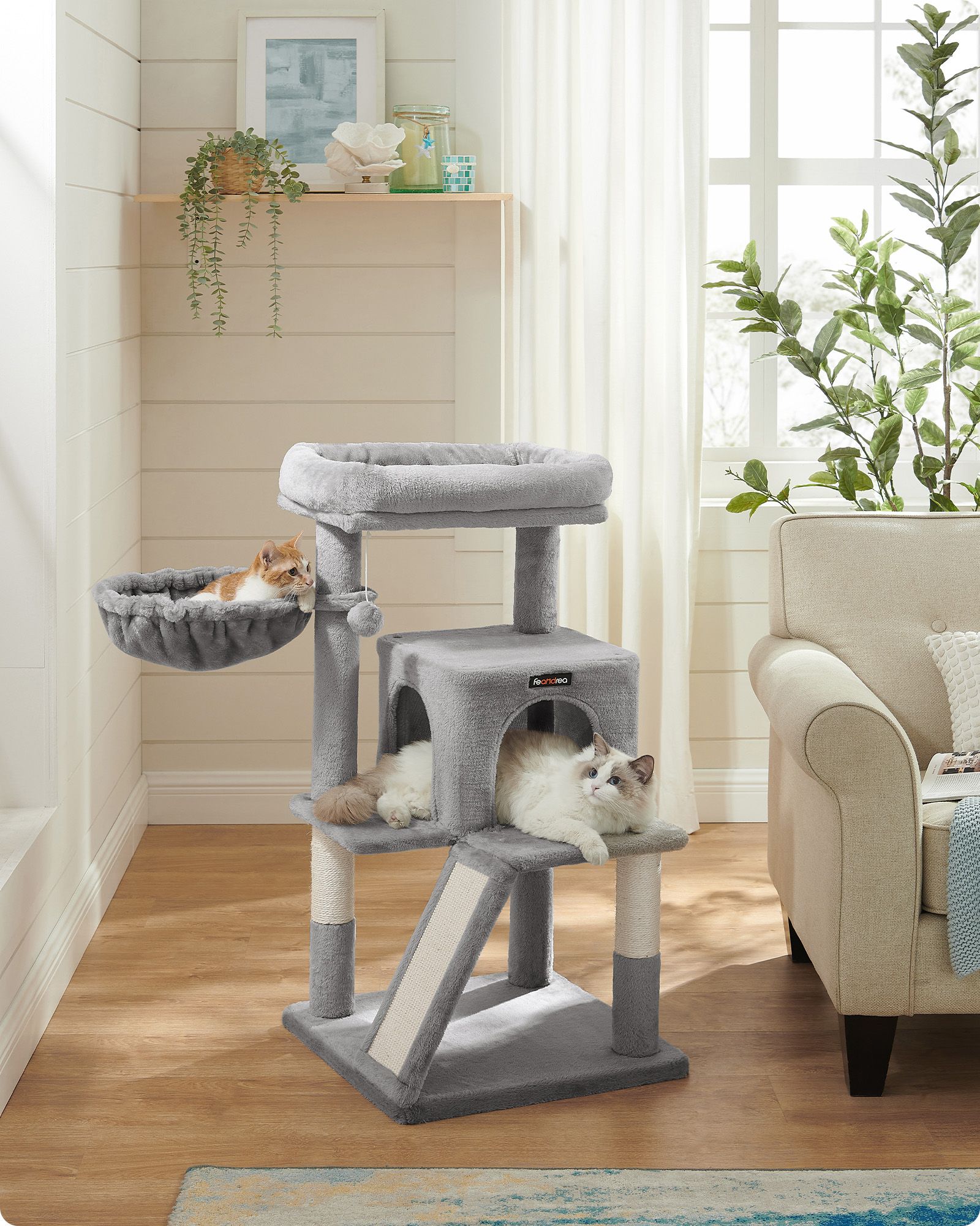 Cat Tree – Plywood and Plush – Light Grey – Multi-Level with Scratching Board