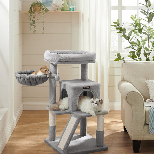 Cat Tree – Plywood and Plush – Light Grey – Multi-Level with Scratching Board