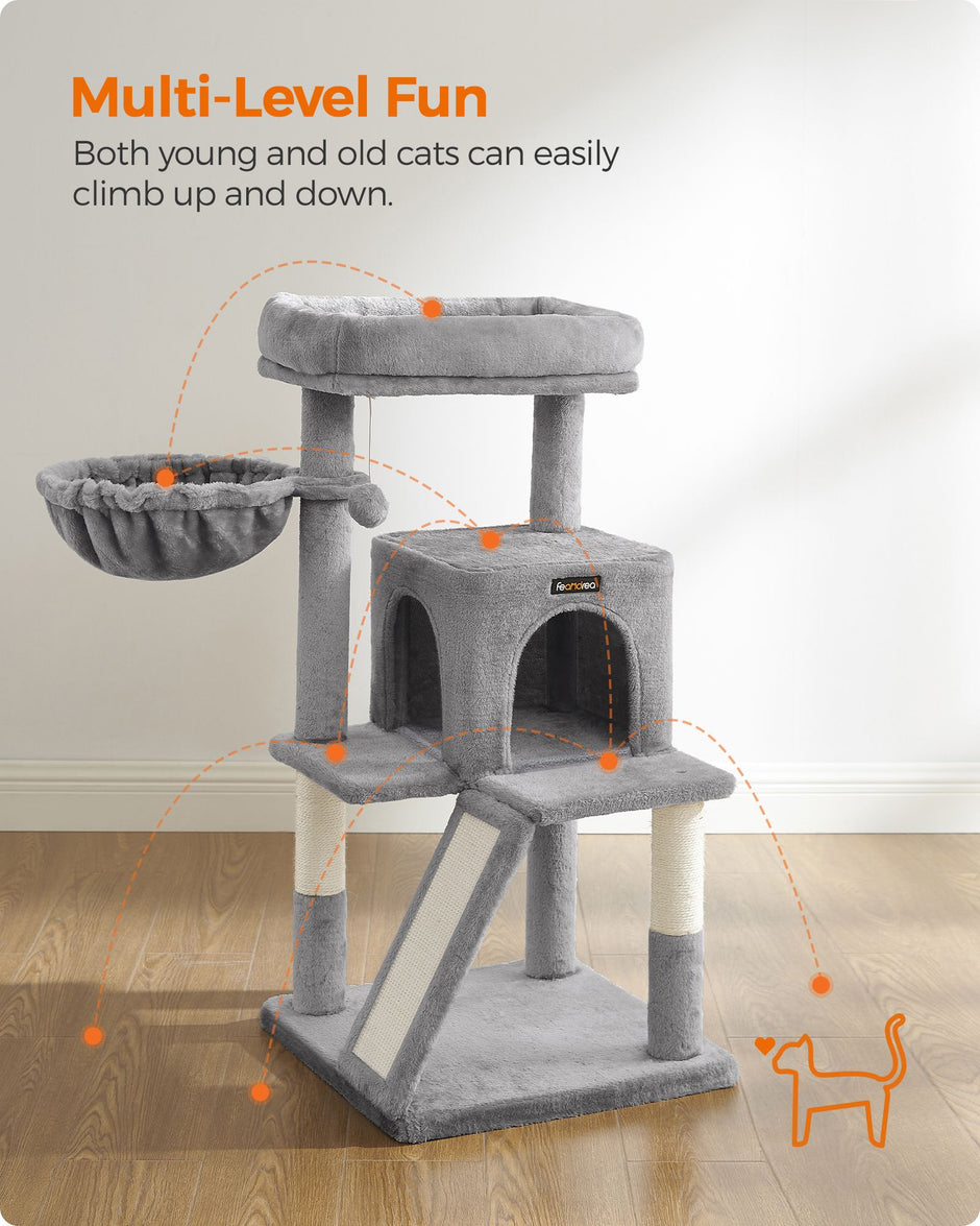 Cat Tree – Plywood and Plush – Light Grey – Multi-Level with Scratching Board
