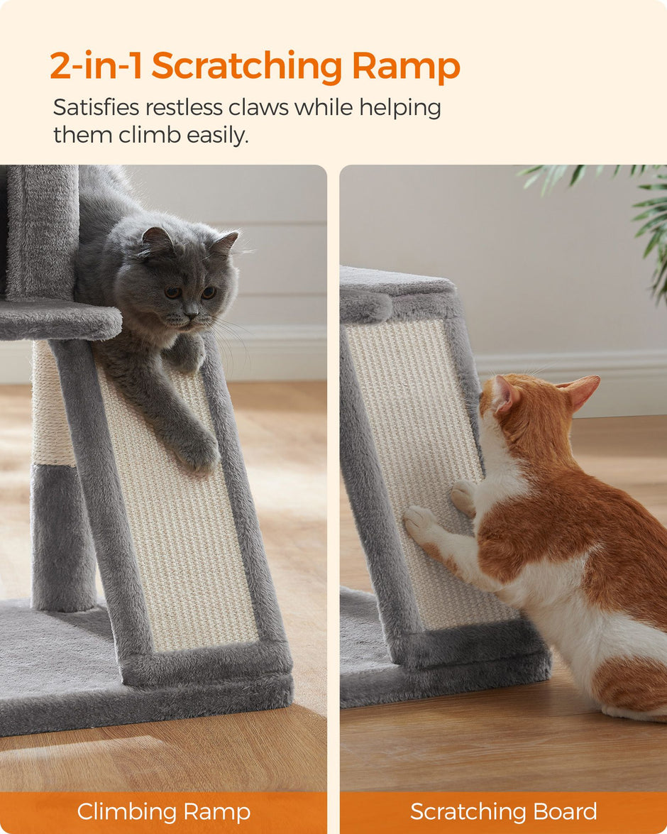 Cat Tree – Plywood and Plush – Light Grey – Multi-Level with Scratching Board