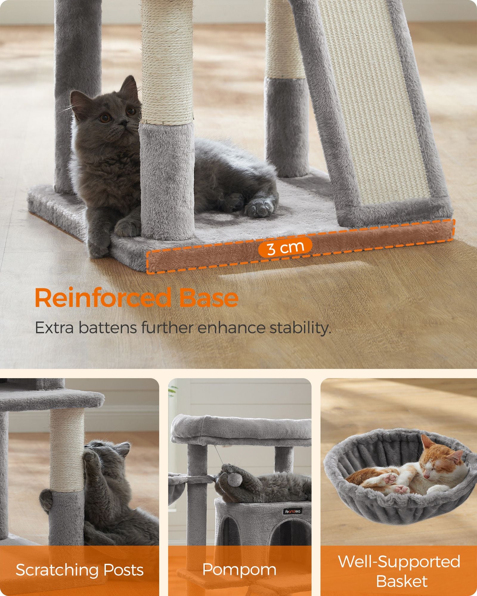 Cat Tree – Plywood and Plush – Light Grey – Multi-Level with Scratching Board