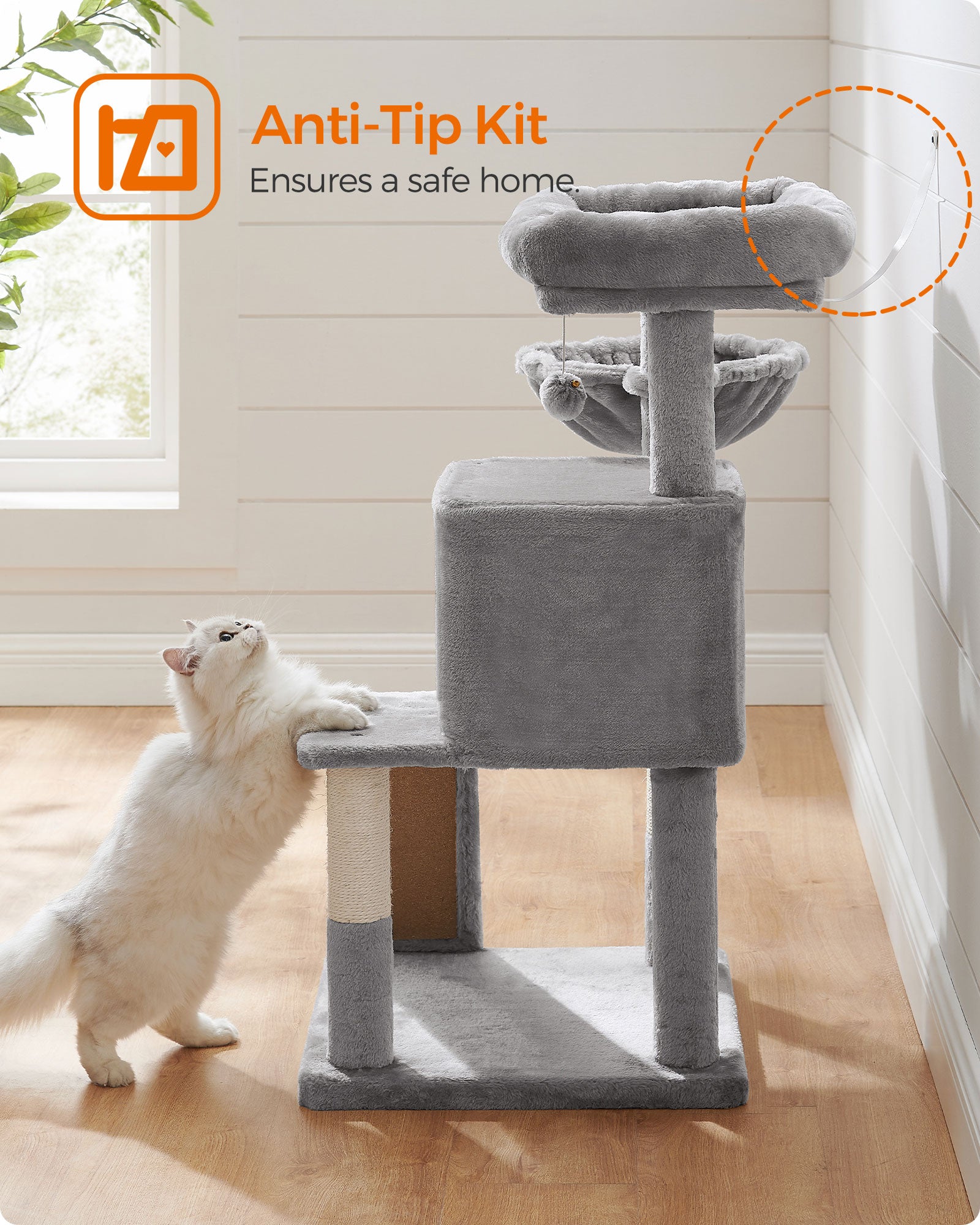 Cat Tree – Plywood and Plush – Light Grey – Multi-Level with Scratching Board