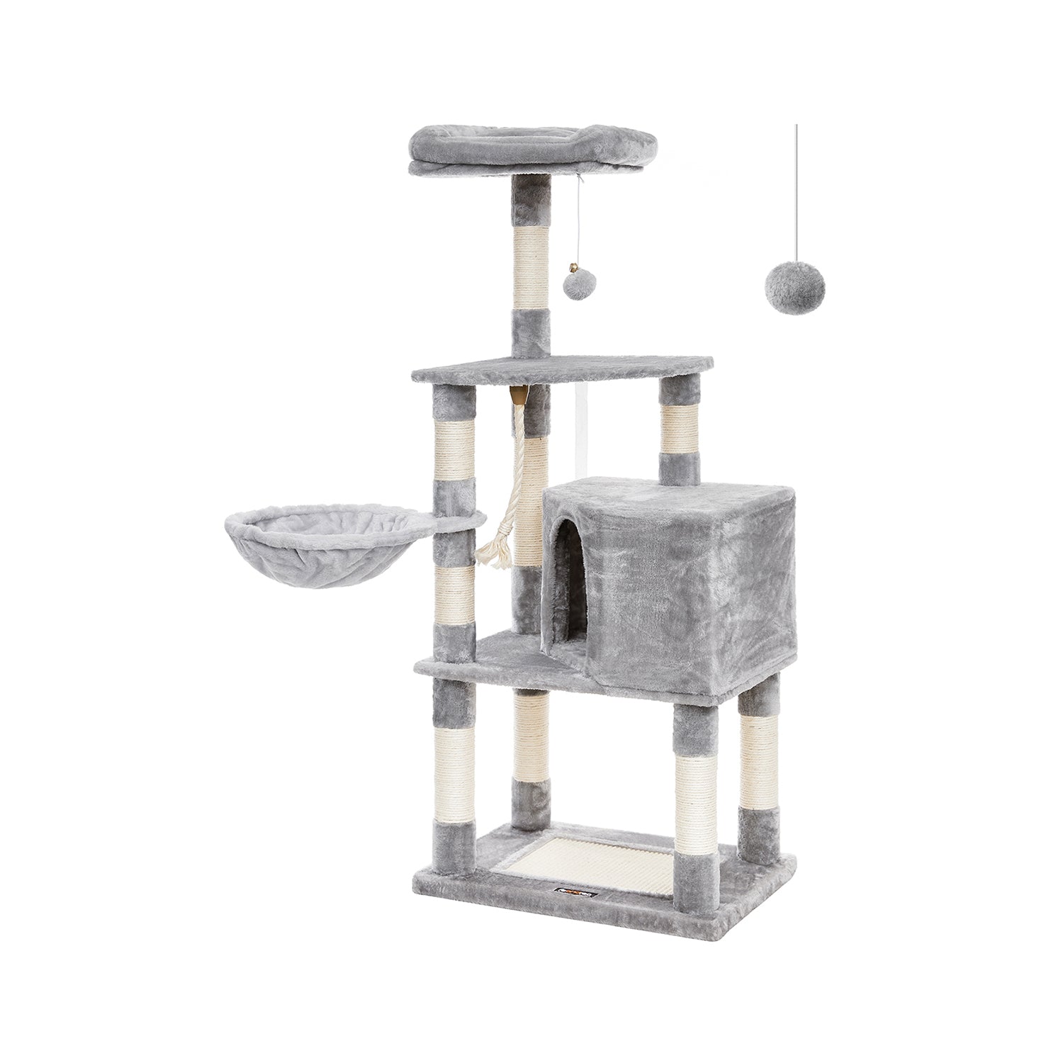 Cat Tree – Plush Fabric – Light Grey – Activity Center with Scratching Posts, Condo, and Basket