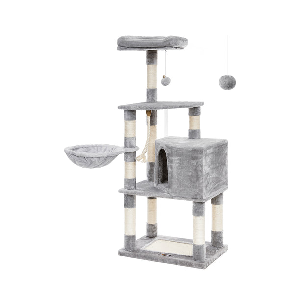 Cat Tree – Plush Fabric – Light Grey – Activity Center with Scratching Posts, Condo, and Basket