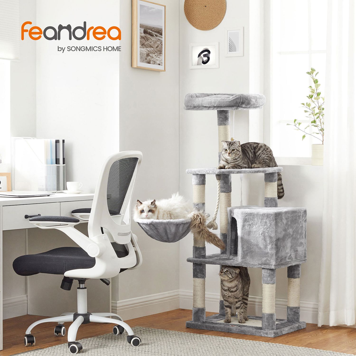 Cat Tree – Plush Fabric – Light Grey – Activity Center with Scratching Posts, Condo, and Basket