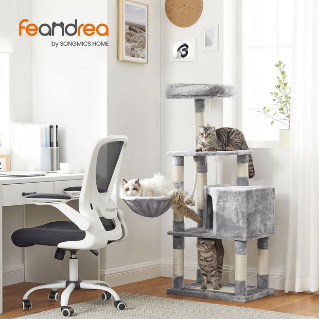 Cat Tree – Plush Fabric – Light Grey – Activity Center with Scratching Posts, Condo, and Basket