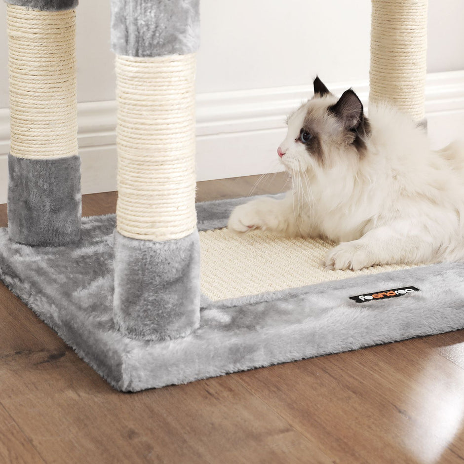 Cat Tree – Plush Fabric – Light Grey – Activity Center with Scratching Posts, Condo, and Basket