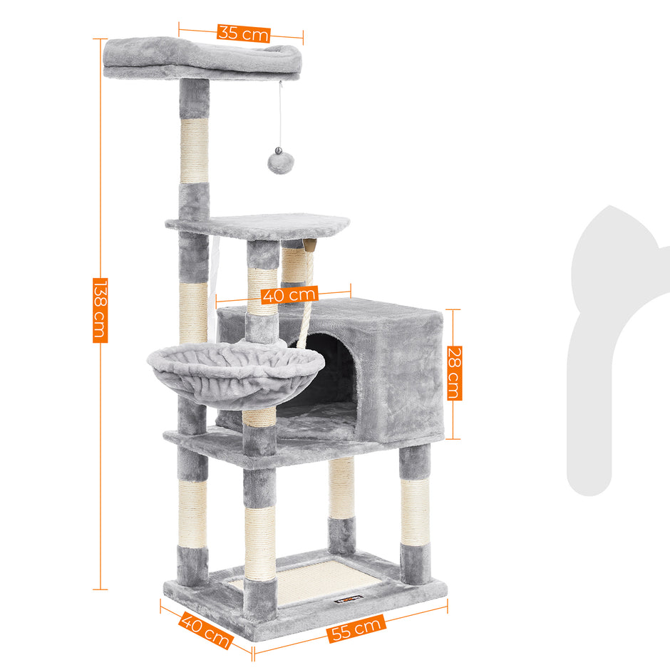 Cat Tree – Plush Fabric – Light Grey – Activity Center with Scratching Posts, Condo, and Basket