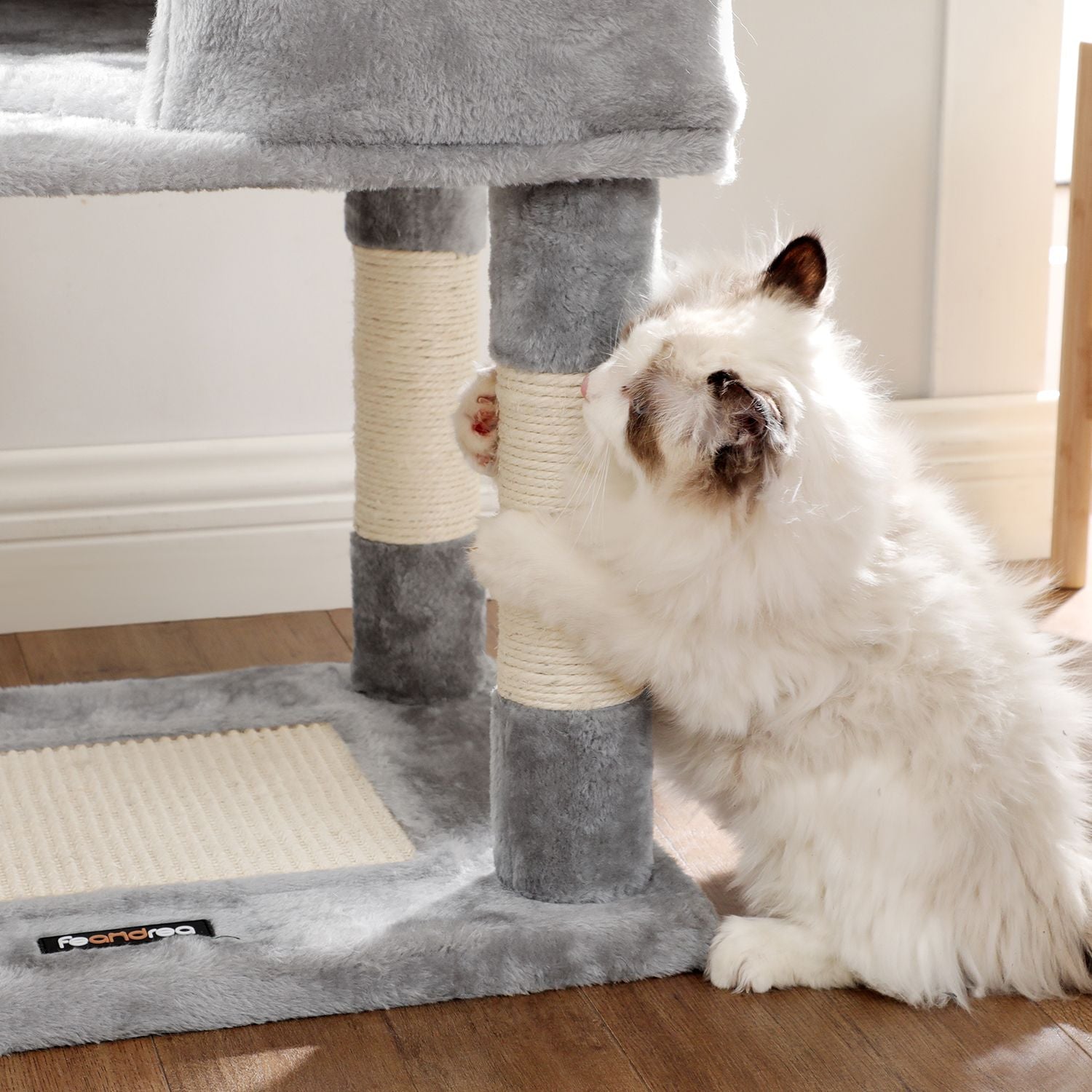 Cat Tree – Plush Fabric – Light Grey – Activity Center with Scratching Posts, Condo, and Basket