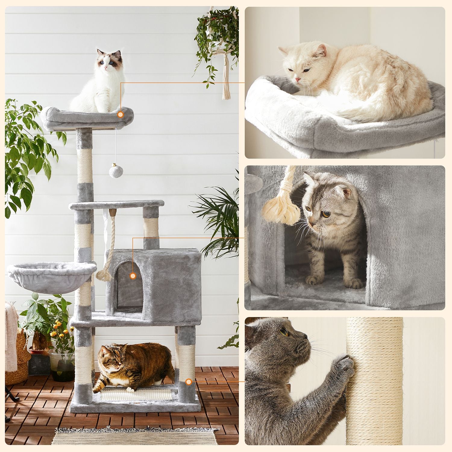 Cat Tree – Plush Fabric – Light Grey – Activity Center with Scratching Posts, Condo, and Basket