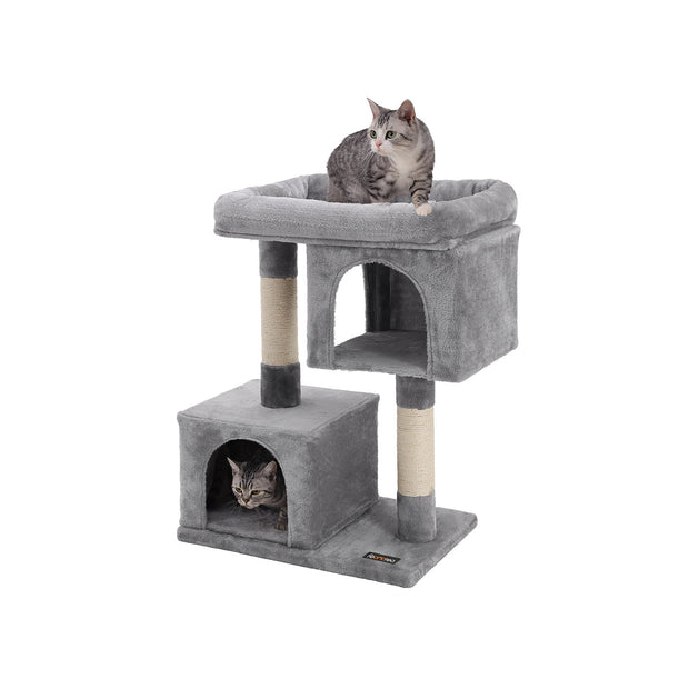 Cat Tree – Engineered Wood – Light Grey – Features Two Cat Caves and Large Perch