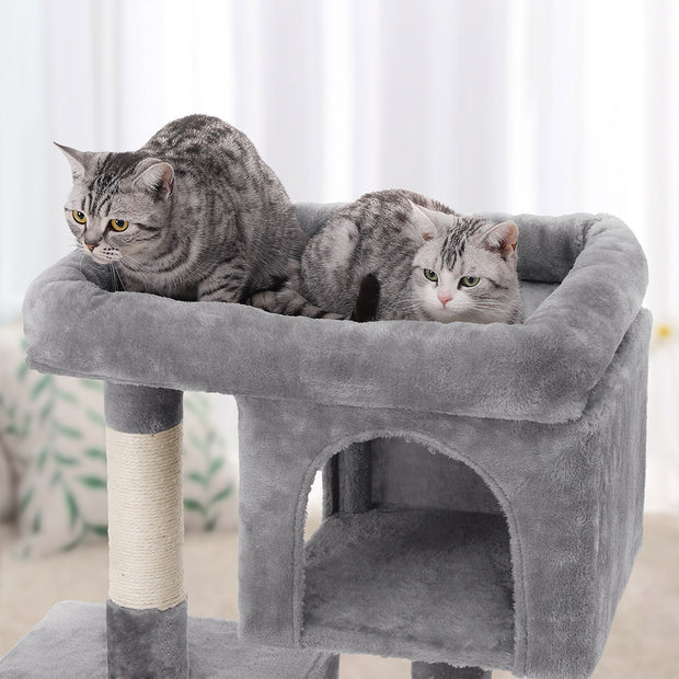 Cat Tree – Engineered Wood – Light Grey – Features Two Cat Caves and Large Perch