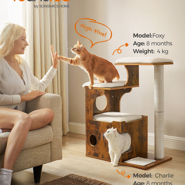 Cat Tree – MDF with Wood Veneer – Vintage Rustic Brown and White – Medium Tower with 3 Beds and Cave