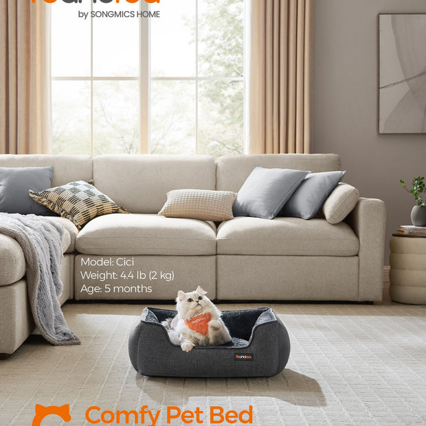 Dog Bed – Linen-Look Fabric – Dark Grey – Washable with Raised Edges and Non-Slip Bottom