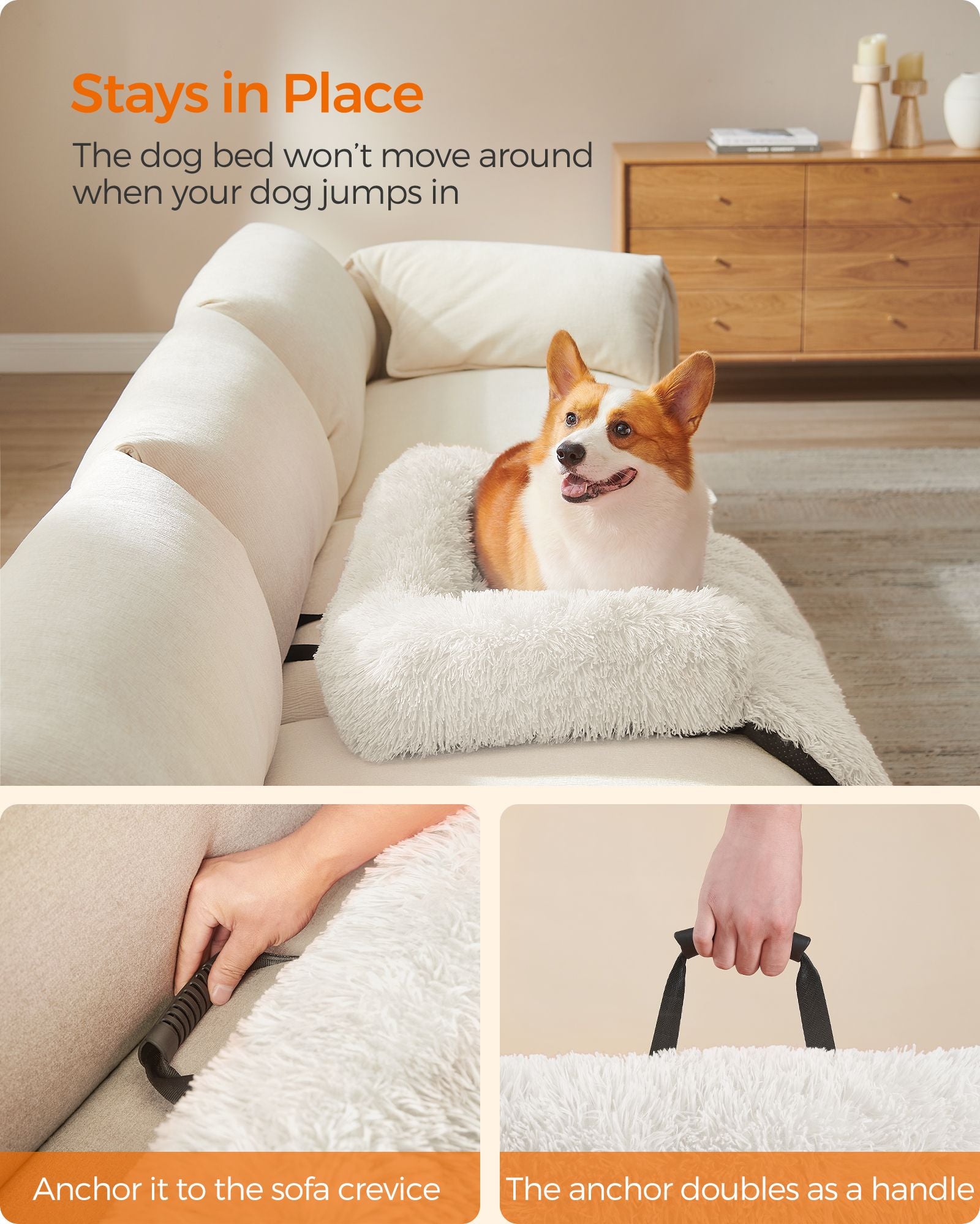 Dog Sofa Bed – Fabric – Cloud White – Calming Design for Medium Dogs