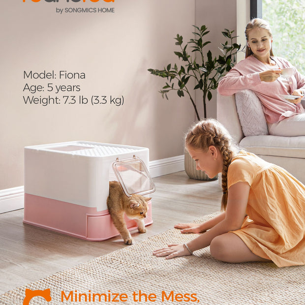 Hidden Cat Litter Box – Wood – Jelly Pink and White – Spacious with Slide-Out Tray and Hood