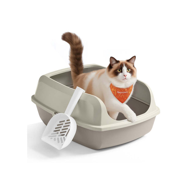 Open Top Litter Box – Plastic – Slate Grey – High Sided with Scoop for Large Cats and Kittens