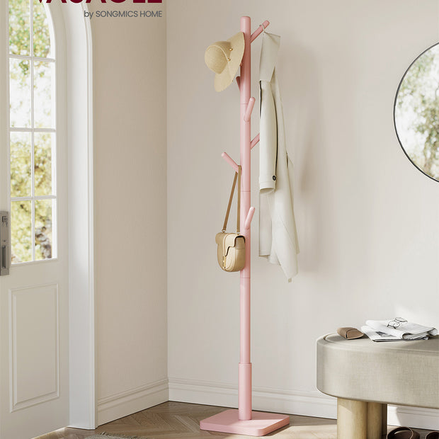 Free Standing Coat Rack – Solid Wood – White – 8 Hooks for Coats, Hats, and Bags