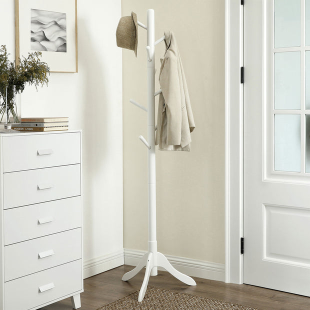 Freestanding Coat Stand – Solid Rubberwood – White – 8 Hooks for Coats, Hats, Bags, and Purses