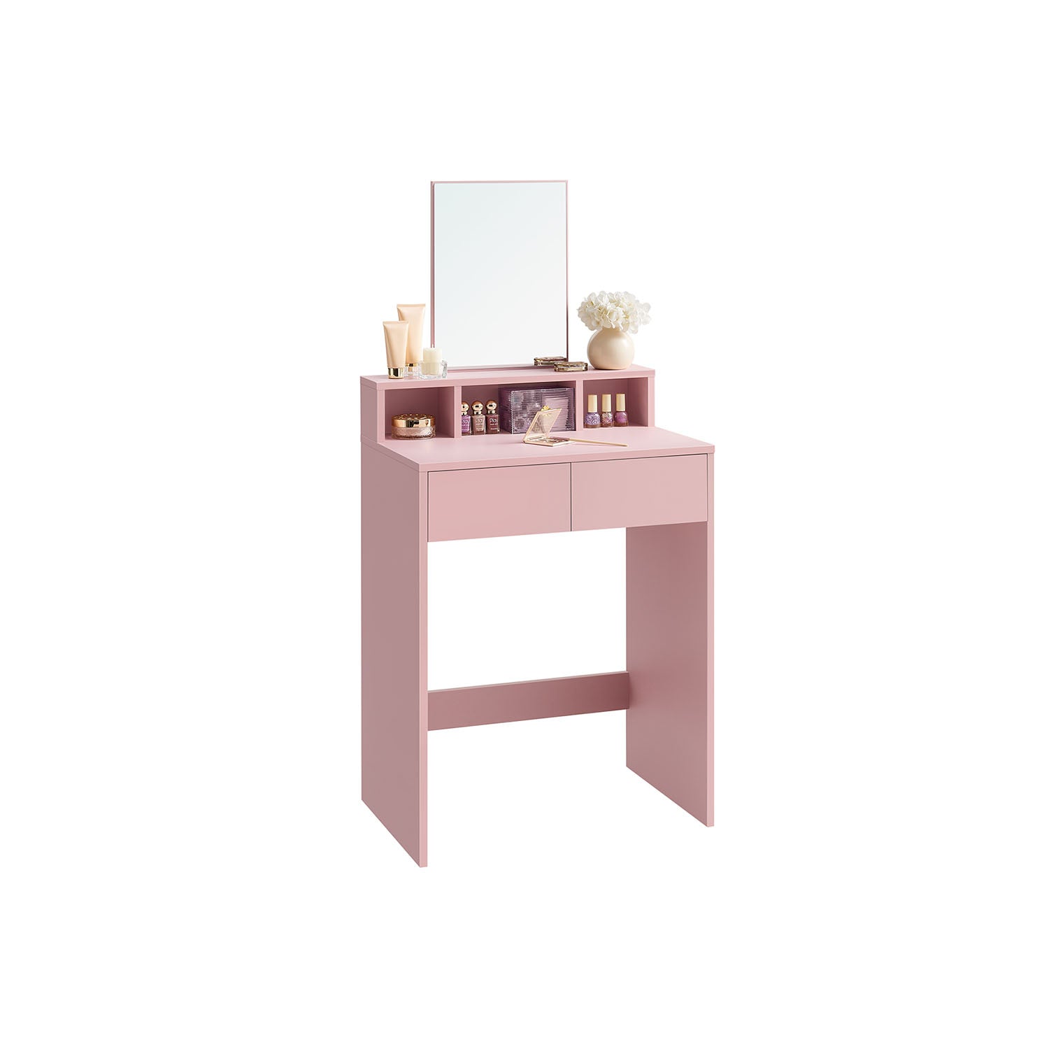 Dressing Table – MDF – Jelly Pink – Large Rectangular Mirror, 2 Drawers and 3 Open Compartments