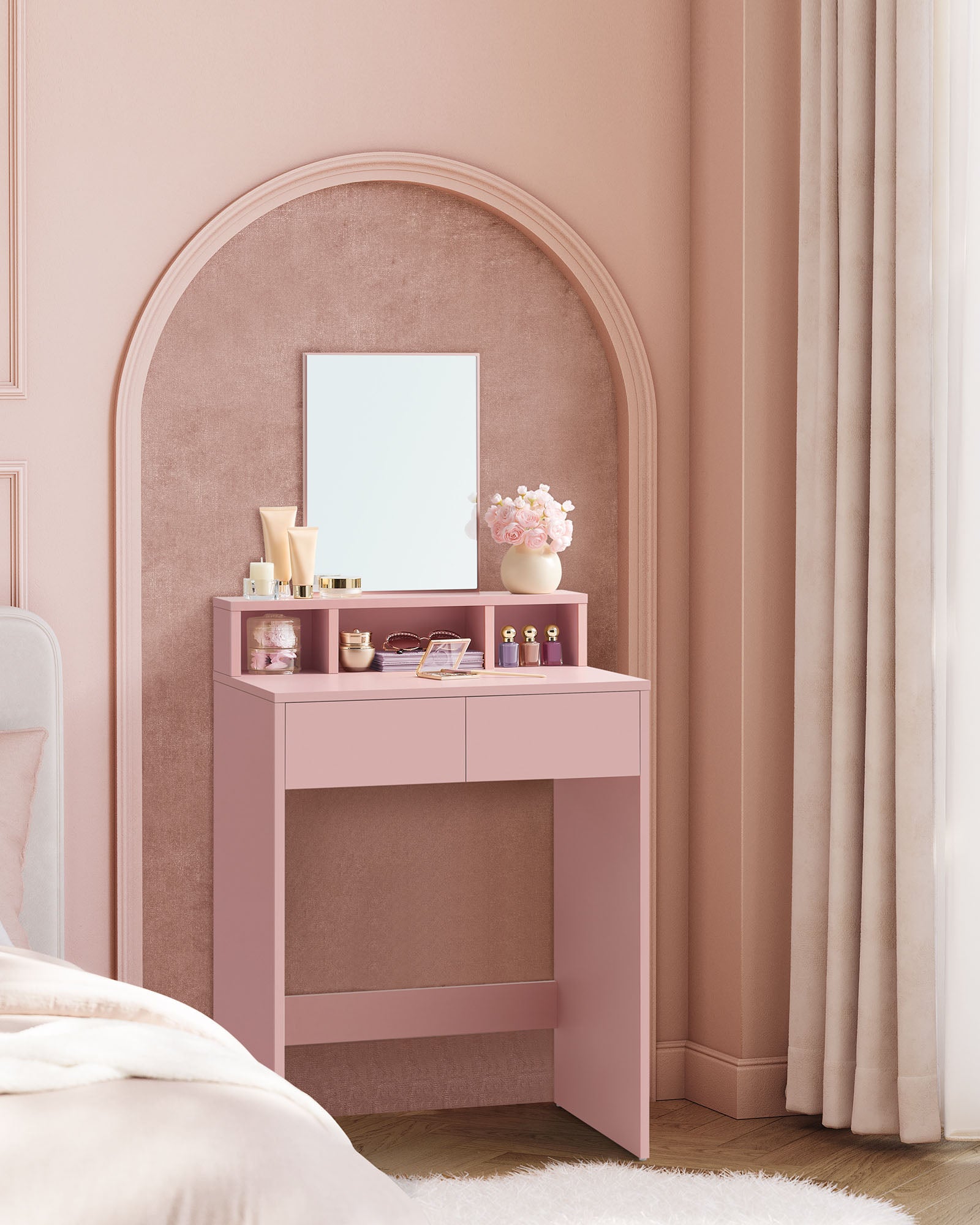 Dressing Table – MDF – Jelly Pink – Large Rectangular Mirror, 2 Drawers and 3 Open Compartments
