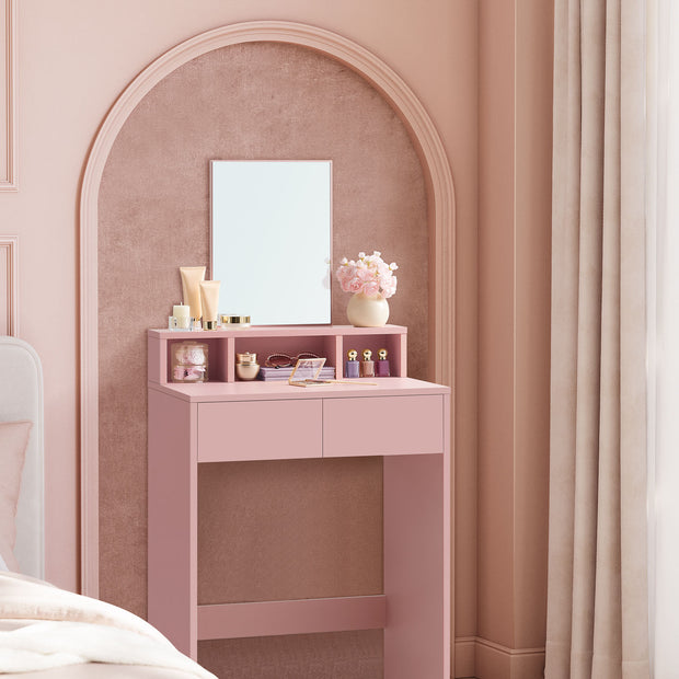 Dressing Table – MDF – Jelly Pink – Large Rectangular Mirror, 2 Drawers and 3 Open Compartments