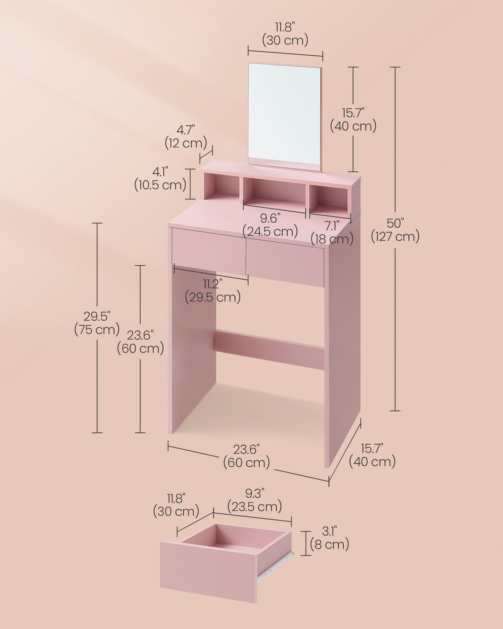 Dressing Table – MDF – Jelly Pink – Large Rectangular Mirror, 2 Drawers and 3 Open Compartments