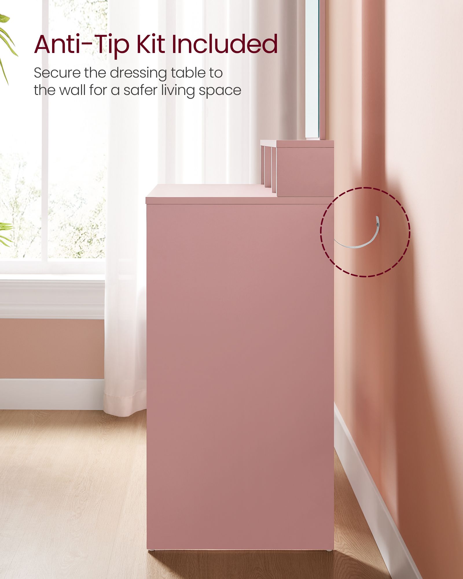 Dressing Table – MDF – Jelly Pink – Large Rectangular Mirror, 2 Drawers and 3 Open Compartments