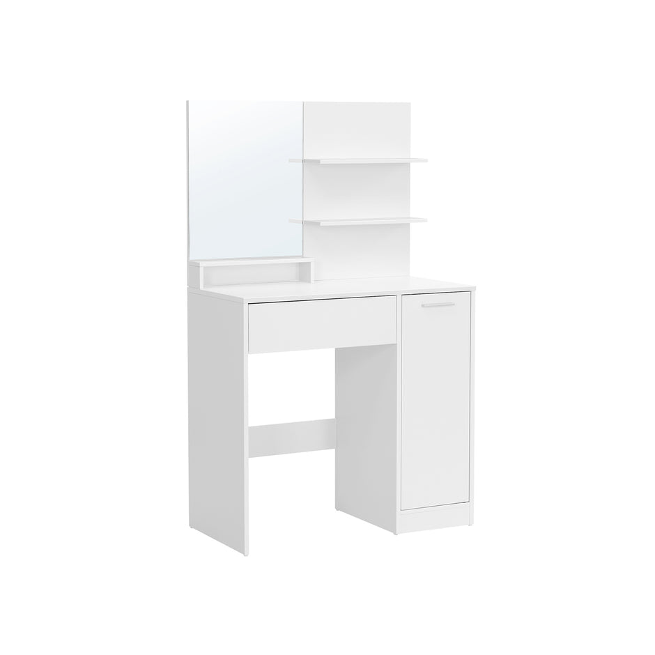 Vanity Table – Wood – White – With Mirror, Drawer, and Shelves for Makeup Organization