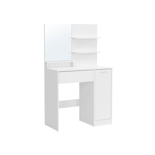 Vanity Table – Wood – White – With Mirror, Drawer, and Shelves for Makeup Organization