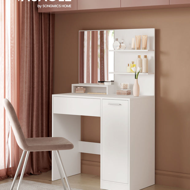 Vanity Table – Wood – White – With Mirror, Drawer, and Shelves for Makeup Organization