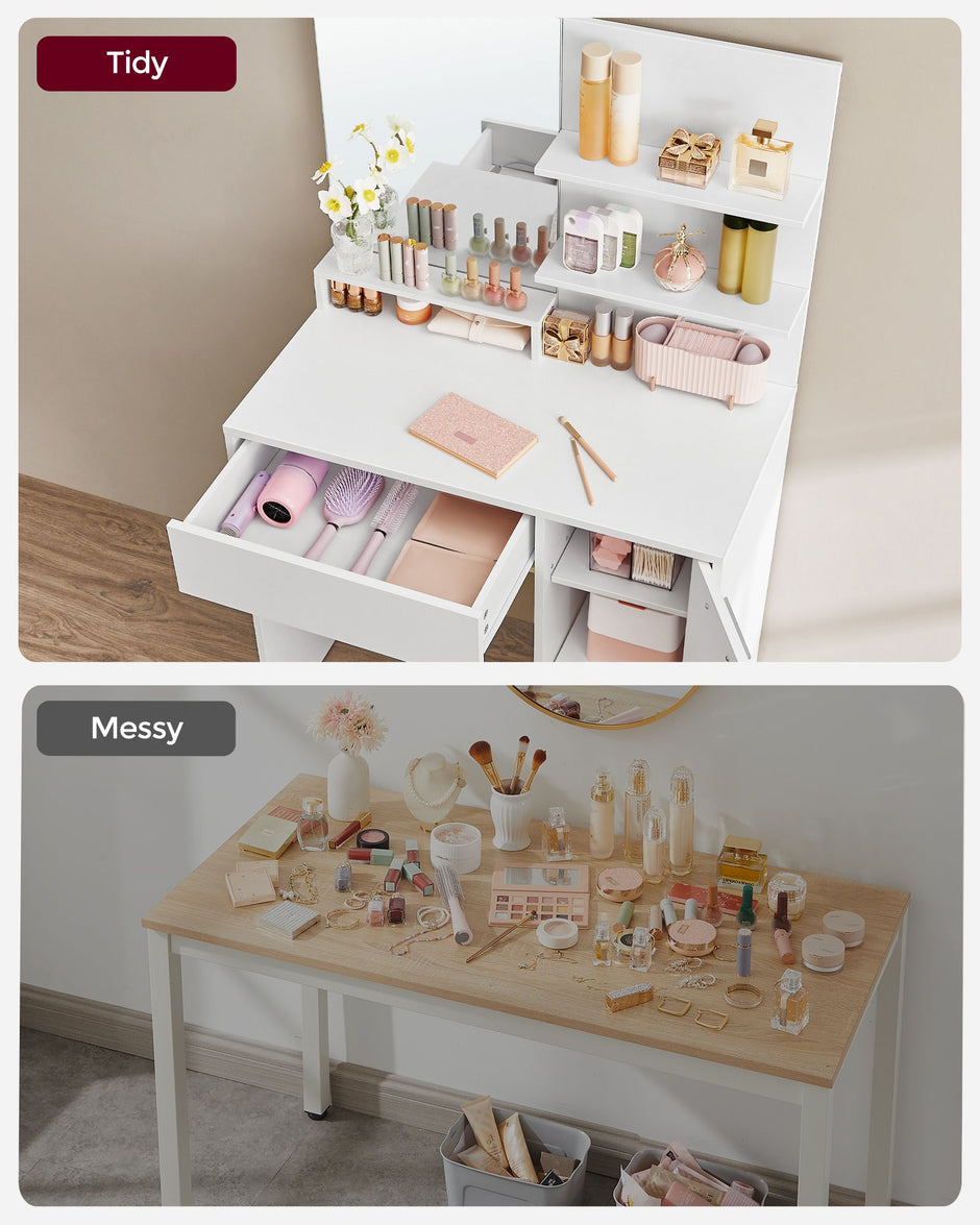 Vanity Table – Wood – White – With Mirror, Drawer, and Shelves for Makeup Organization