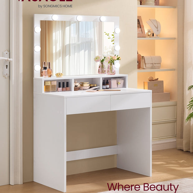 Dressing Table – Wood – White – Large Mirror with Adjustable LED Lights and Storage Compartments