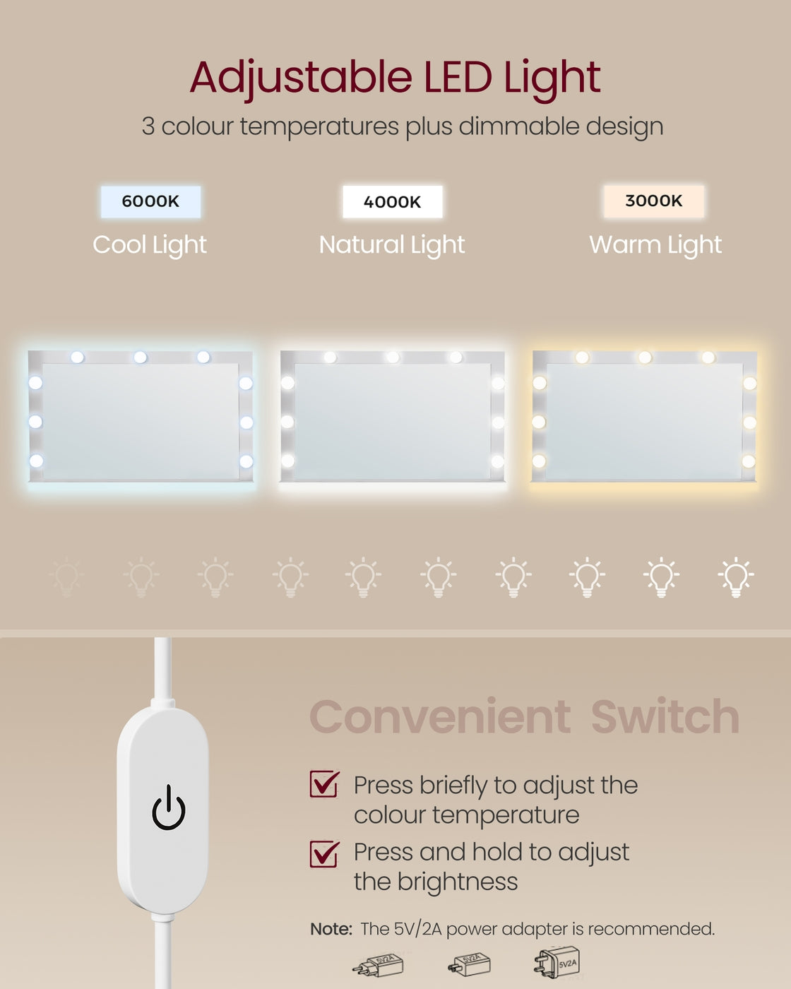Dressing Table – Wood – White – Large Mirror with Adjustable LED Lights and Storage Compartments