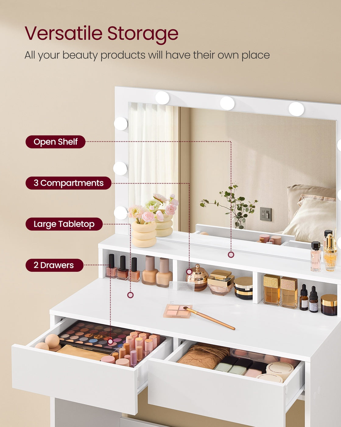 Dressing Table – Wood – White – Large Mirror with Adjustable LED Lights and Storage Compartments