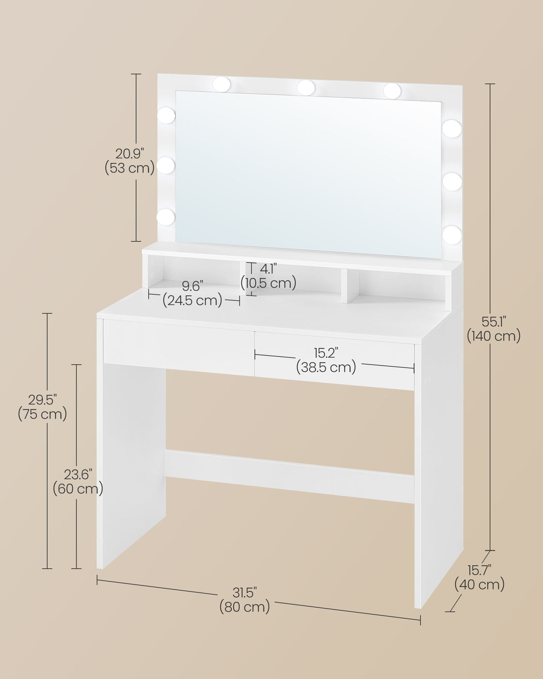 Dressing Table – Wood – White – Large Mirror with Adjustable LED Lights and Storage Compartments