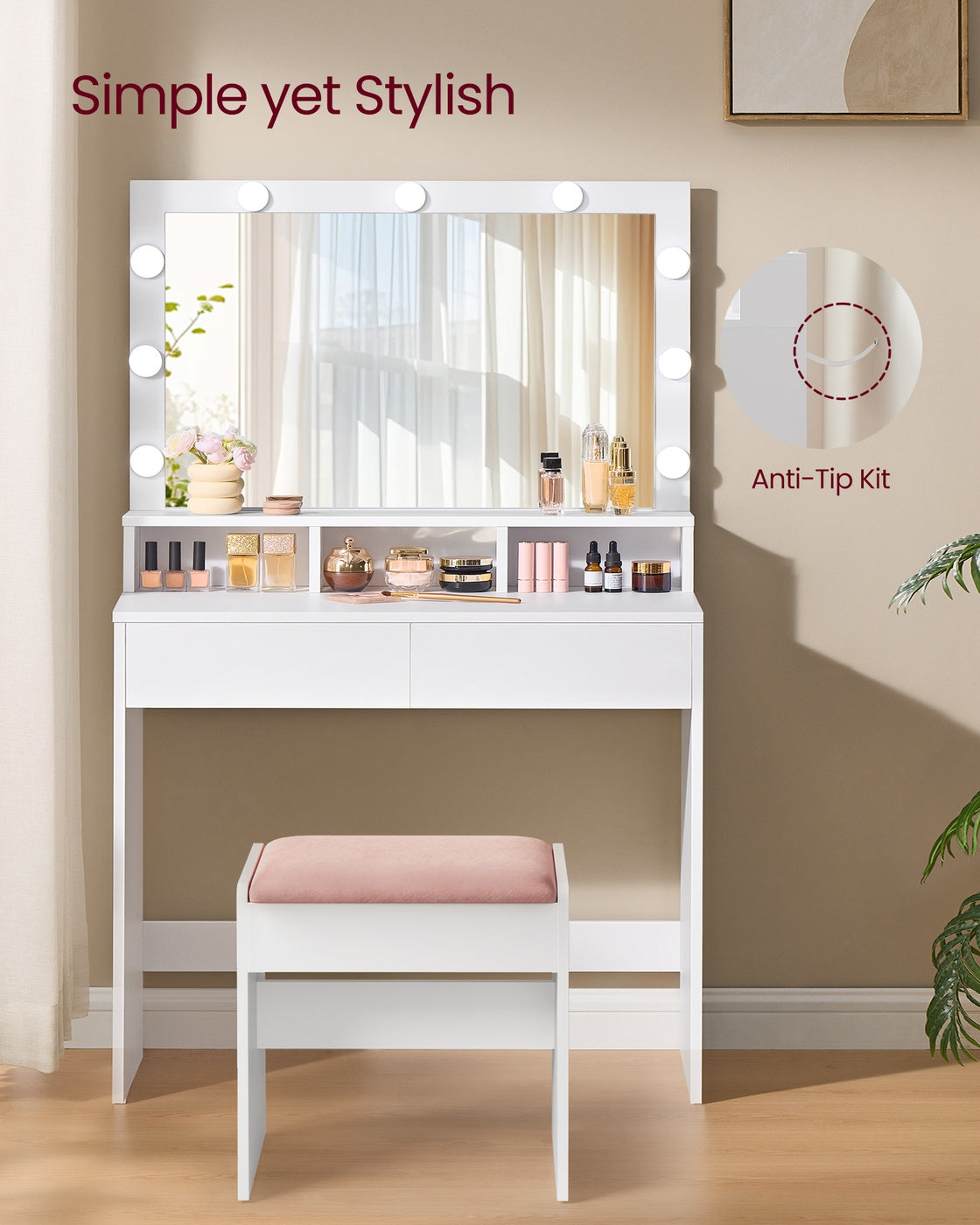 Dressing Table – Wood – White – Large Mirror with Adjustable LED Lights and Storage Compartments