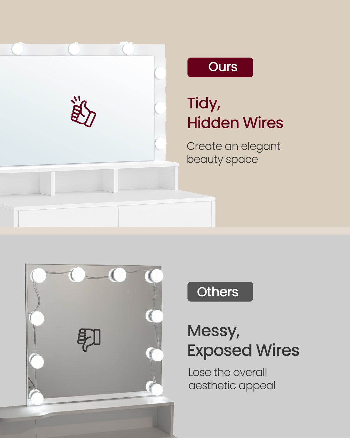 Dressing Table – Wood – White – Large Mirror with Adjustable LED Lights and Storage Compartments