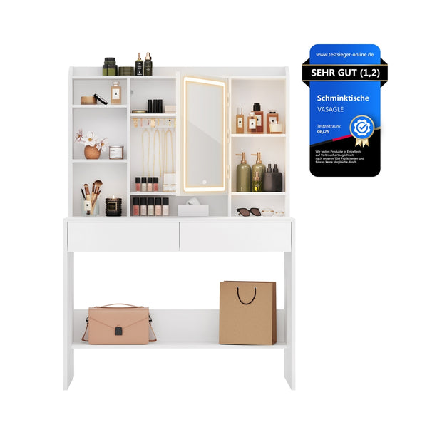 Dressing Table – Wood – Cloud White – Adjustable LED Lights with Mirror and Spacious Storage